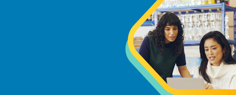 Two businesswomen use a laptop to collaborate on non-profit finance